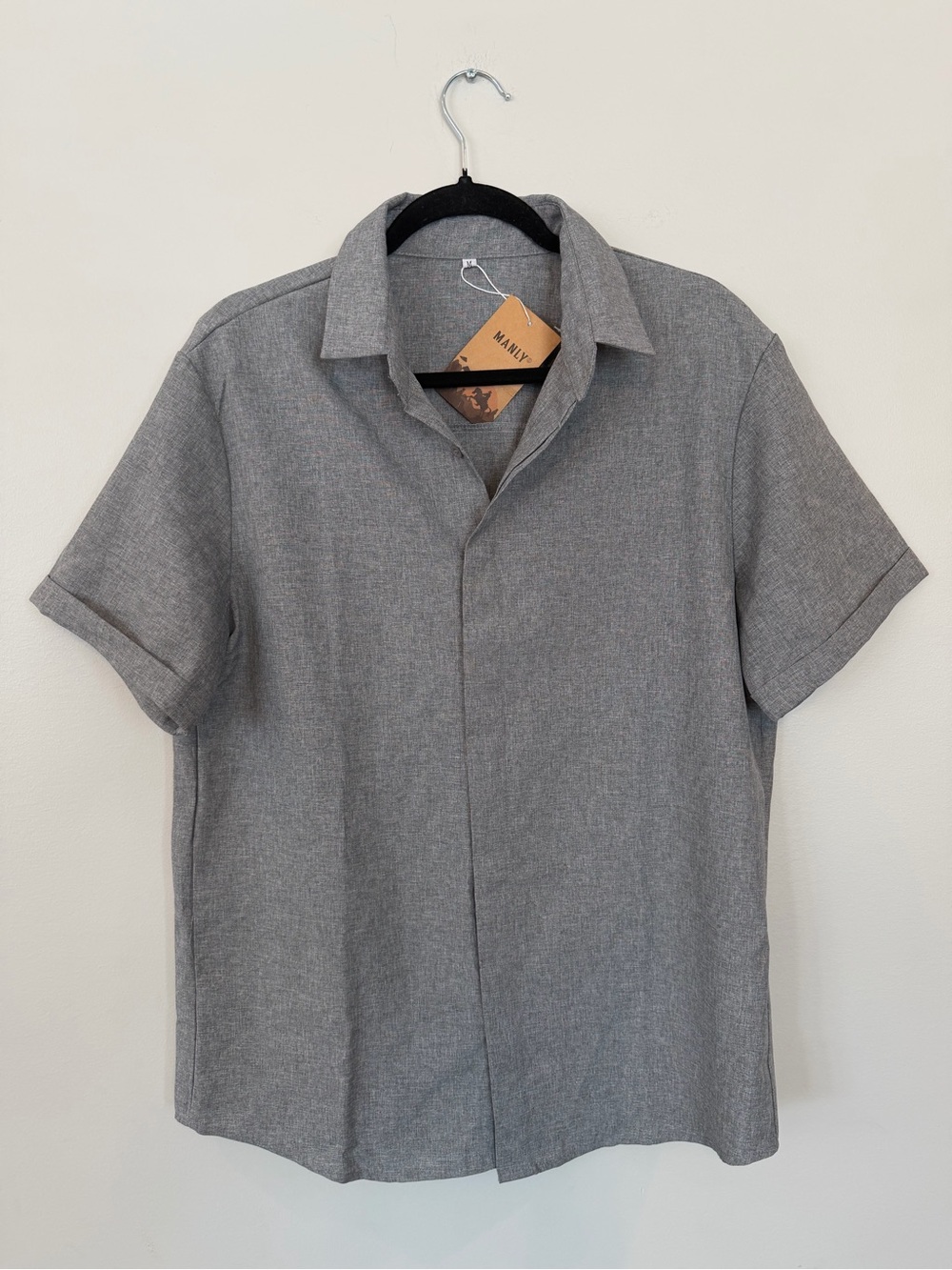 Men's Gray Short-Sleeve Casual Button-Down Shirt by Manly